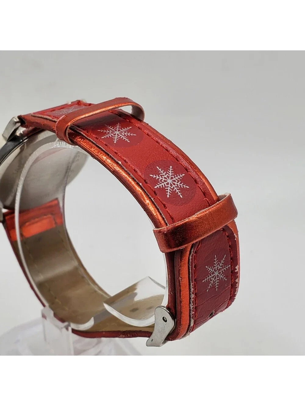 Red Snowflake Quartz Watch Womens 32mm Red Snowflake Band New Battery
